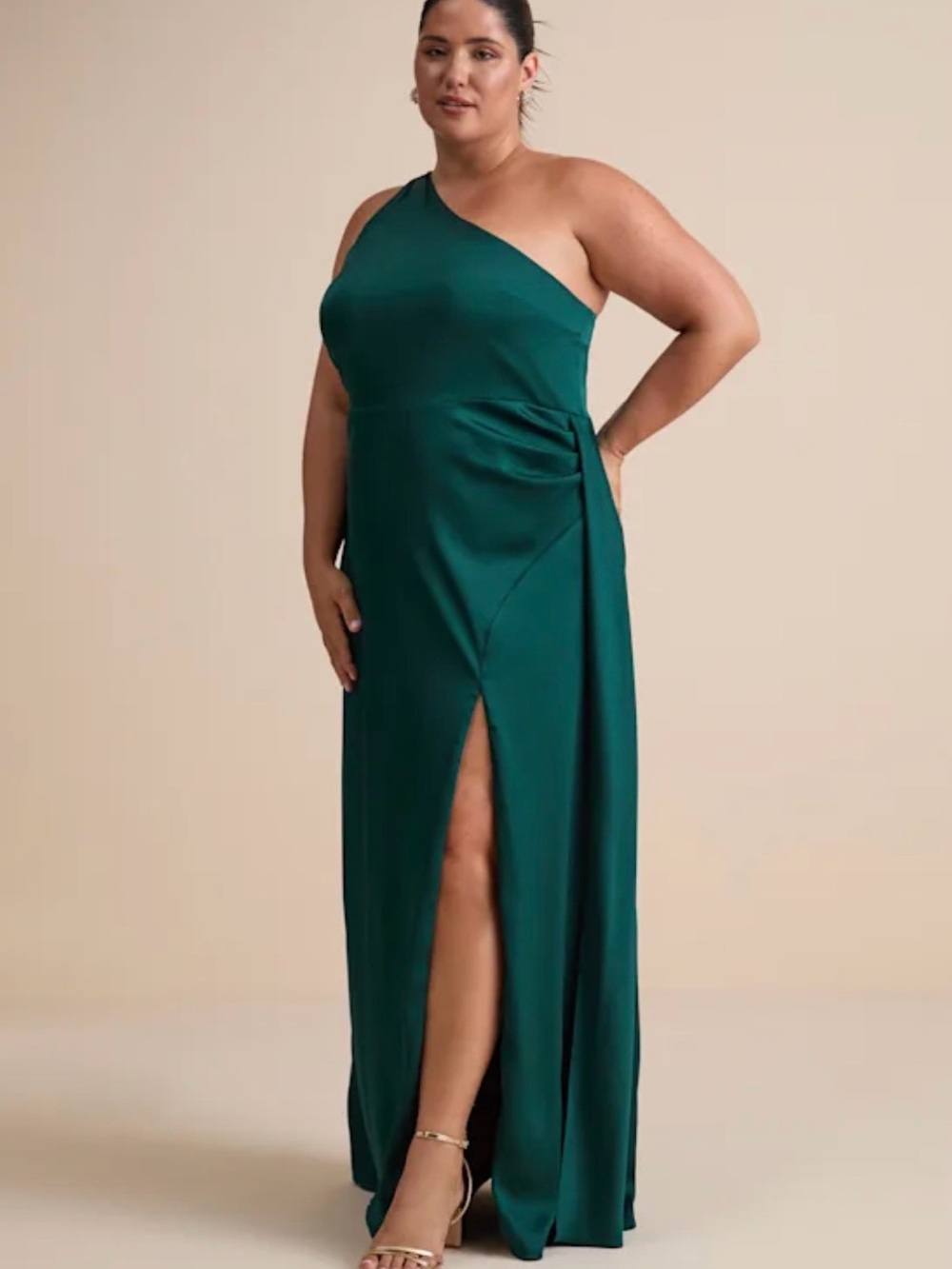 Lulus Signature Elegance Emerald Satin One-Shoulder Maxi Dress 2XL NWT